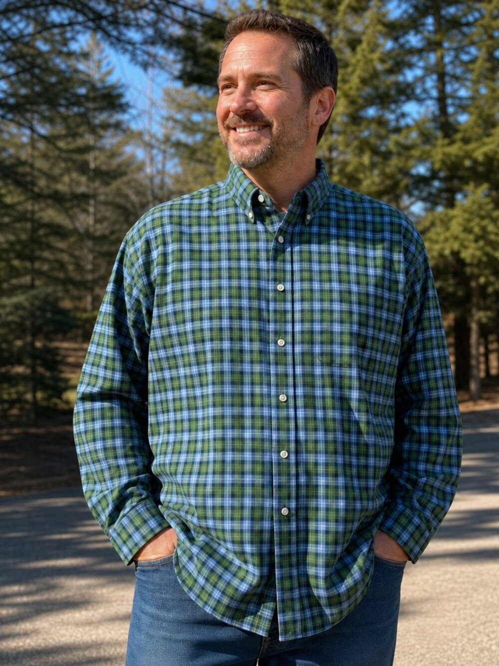 L.L.Bean XXL Tall Traditional Fit Plaid Button Down Shirt 100% Cotton Blue Green